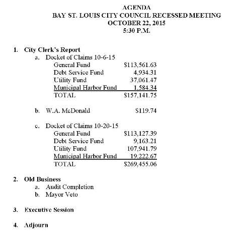 10-22-15 Agenda - Recessed meeting