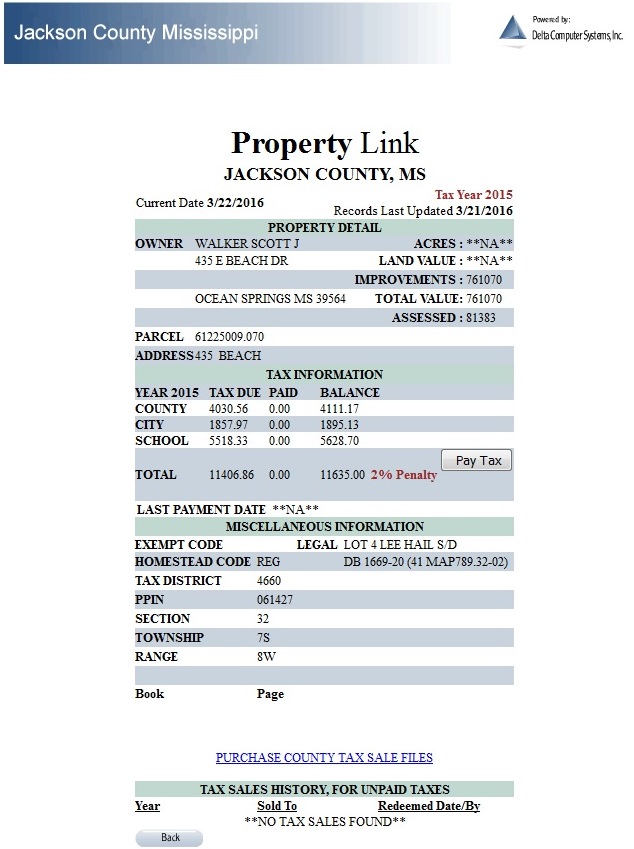 Screen Capture of 435 East Beach 2015 Property Tax Status 3-22-16