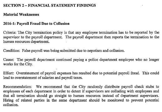 Excerpt from City of Bay St Louis draft 2016 audit.