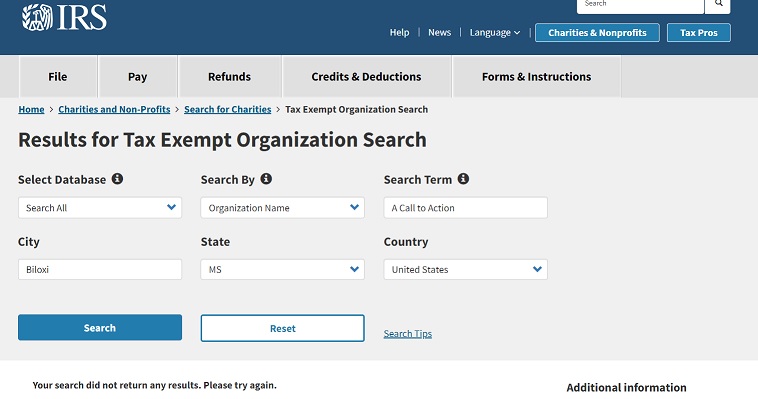 Screen Capture of search results for A Call to Action